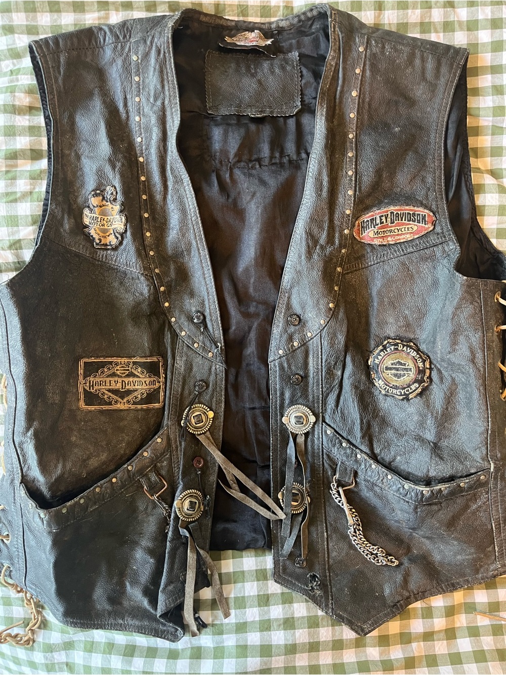 Harley-Davidson Black Leather Studded Biker Vest with Patches